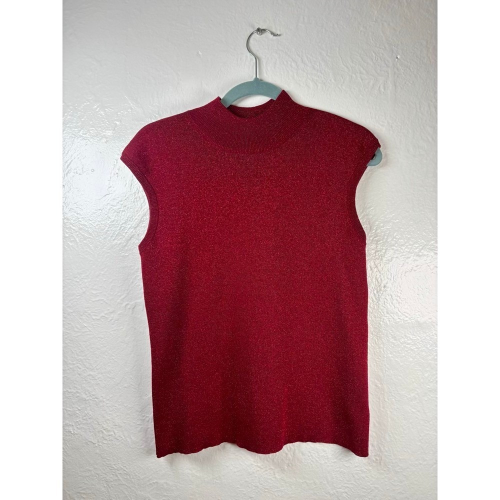 Silk Blend Metallic Mock Neck Top Red Large Holiday Festive Layering Christmas